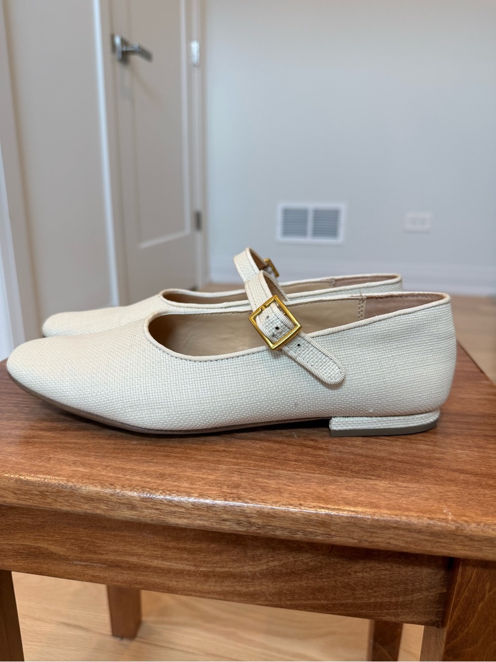 Franco Sarto Cream Mary Jane Flats with Gold Buckle